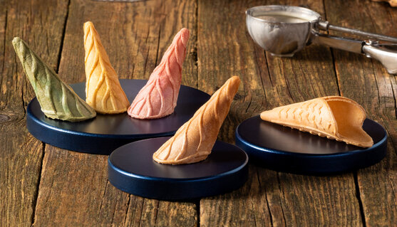 Minicones and waffle decorations for ice cream