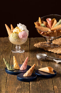 Minicones and waffle decorations for ice cream